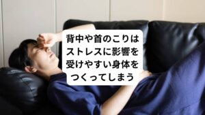 また反対に背中に力がなく、背中の筋肉が弱っている状態（東洋医学では虚証という）も自律神経の働きが低下している状態です。
この筋肉が弱った状態を元気にさせると、低下していた内臓の働きや胃腸が活発になり、胃もたれ、消化不良などの症状が解消されます。

その他に人間の身体は、背中や首の後ろの筋肉が硬く凝ると、ストレスに影響を受けやすい身体にかわります。
そのため精神的なストレスを身体で無意識に受け止めて不調が起こりやすくなってしまいます。

よって背中のこりや肩こりを解消させることは、ストレスに強い身体になることにつながります。
血流の良い状態になると不調を起こす原因であるストレスを身体で受け止めにくい身体になります。
結果的にそれは病気になりにくい身体を作ることです。

ストレスに強い身体に改善することはストレス社会である現代にはとても重要です。
多くのプレッシャーが身体に加わってもダメージを受けない身体を作ることが大切です。