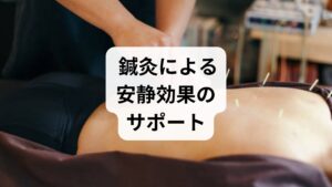 鍼灸は東洋医学の代表的な治療法であり、安静の効果を高めるサポートとして有効です。

ツボ刺激による血流改善：合谷や足三里などを刺激し、全身の循環を促進。
筋肉の緊張緩和：肩こりや首こりを解消し、安静状態を深める。
自律神経の調整：交感神経と副交感神経のバランスを整える。
ストレス軽減：施術によるリラックス効果で精神的安定を促す。

鍼灸は「安静の効果」を持続させ、自然治癒力を高める有力な方法です。