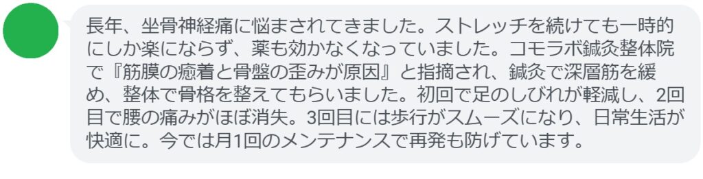 50代男性・Tさんの体験談：
「長年、坐骨神経痛に悩まされてきました。ストレッチを続けても一時的にしか楽にならず、薬も効かなくなっていました。コモラボ鍼灸整体院で『筋膜の癒着と骨盤の歪みが原因』と指摘され、鍼灸で深層筋を緩め、整体で骨格を整えてもらいました。初回で足のしびれが軽減し、2回目で腰の痛みがほぼ消失。3回目には歩行がスムーズになり、日常生活が快適に。今では月1回のメンテナンスで再発も防げています。」