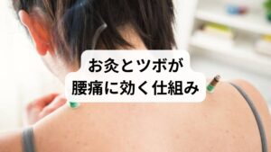 お灸は局所を温めることで血流を改善し、筋の緊張を和らげる効果が期待できます。ツボ刺激は神経系や自律神経に働きかけ、痛みの閾値を上げる補助的な役割を果たします。臨床では、深部のトリガーポイント（しこり）を鍼灸で緩め、温熱刺激で循環を改善することで痛みの軽減が得られることが多く観察されます。