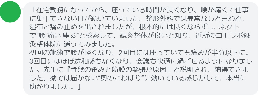 「在宅勤務になってから、座っている時間が長くなり、腰が痛くて仕事に集中できない日が続いていました。整形外科では異常なしと言われ、湿布と痛み止めを出されましたが、根本的には良くならず…。ネットで“腰 痛い 座る”と検索して、鍼灸整体が良いと知り、近所のコモラボ鍼灸整体院に通ってみました。
初回の施術で腰が軽くなり、2回目には座っていても痛みが半分以下に。3回目にはほぼ違和感もなくなり、会議も快適に過ごせるようになりました。先生に『骨盤の歪みと筋膜の緊張が原因』と説明され、納得できました。薬では届かない“奥のこわばり”に効いている感じがして、本当に助かりました。」