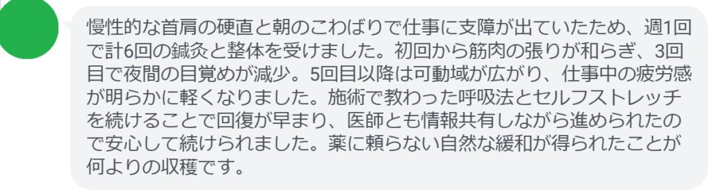 慢性的な首肩の硬直と朝のこわばりで仕事に支障が出ていたため、週1回で計6回の鍼灸と整体を受けました。初回から筋肉の張りが和らぎ、3回目で夜間の目覚めが減少。5回目以降は可動域が広がり、仕事中の疲労感が明らかに軽くなりました。施術で教わった呼吸法とセルフストレッチを続けることで回復が早まり、医師とも情報共有しながら進められたので安心して続けられました。薬に頼らない自然な緩和が得られたことが何よりの収穫です。