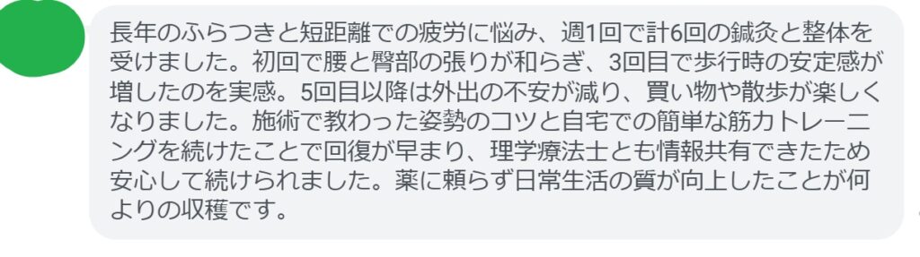 長年のふらつきと短距離での疲労に悩み、週1回で計6回の鍼灸と整体を受けました。初回で腰と臀部の張りが和らぎ、3回目で歩行時の安定感が増したのを実感。5回目以降は外出の不安が減り、買い物や散歩が楽しくなりました。施術で教わった姿勢のコツと自宅での簡単な筋力トレーニングを続けたことで回復が早まり、理学療法士とも情報共有できたため安心して続けられました。薬に頼らず日常生活の質が向上したことが何よりの収穫です。