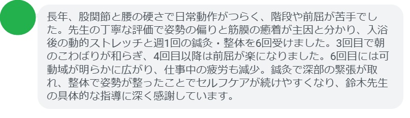 長年、股関節と腰の硬さで日常動作がつらく、階段や前屈が苦手でした。先生の丁寧な評価で姿勢の偏りと筋膜の癒着が主因と分かり、入浴後の動的ストレッチと週1回の鍼灸・整体を6回受けました。3回目で朝のこわばりが和らぎ、4回目以降は前屈が楽になりました。6回目には可動域が明らかに広がり、仕事中の疲労も減少。鍼灸で深部の緊張が取れ、整体で姿勢が整ったことでセルフケアが続けやすくなり、鈴木先生の具体的な指導に深く感謝しています。