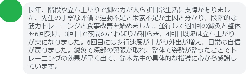 長年、階段や立ち上がりで脚の力が入らず日常生活に支障がありました。先生の丁寧な評価で運動不足と栄養不足が主因と分かり、段階的な筋力トレーニングと食事改善を始めました。並行して週1回の鍼灸と整体を6回受け、3回目で夜間のこわばりが和らぎ、4回目以降は立ち上がりが楽になりました。6回目には歩行速度が上がり外出が増え、日常の自信が戻りました。鍼灸で深部の緊張が取れ、整体で姿勢が整ったことでトレーニングの効果が早く出て、鈴木先生の具体的な指導に心から感謝しています。