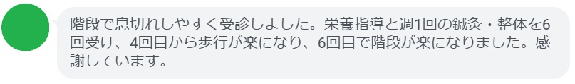 階段で息切れしやすく受診しました。栄養指導と週1回の鍼灸・整体を6回受け、4回目から歩行が楽になり、6回目で階段が楽になりました。感謝しています。