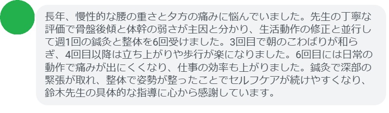 長年、慢性的な腰の重さと夕方の痛みに悩んでいました。先生の丁寧な評価で骨盤後傾と体幹の弱さが主因と分かり、生活動作の修正と並行して週1回の鍼灸と整体を6回受けました。3回目で朝のこわばりが和らぎ、4回目以降は立ち上がりや歩行が楽になりました。6回目には日常の動作で痛みが出にくくなり、仕事の効率も上がりました。鍼灸で深部の緊張が取れ、整体で姿勢が整ったことでセルフケアが続けやすくなり、鈴木先生の具体的な指導に心から感謝しています。