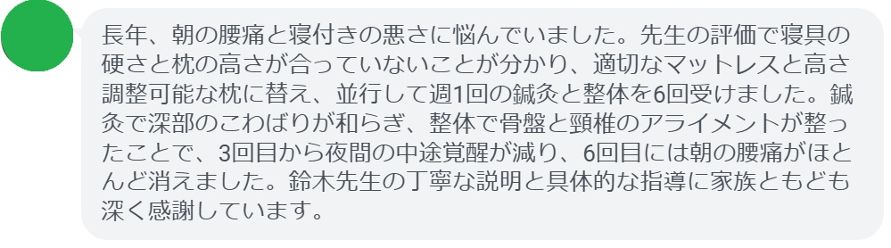 長年、朝の腰痛と寝付きの悪さに悩んでいました。先生の評価で寝具の硬さと枕の高さが合っていないことが分かり、適切なマットレスと高さ調整可能な枕に替え、並行して週1回の鍼灸と整体を6回受けました。鍼灸で深部のこわばりが和らぎ、整体で骨盤と頸椎のアライメントが整ったことで、3回目から夜間の中途覚醒が減り、6回目には朝の腰痛がほとんど消えました。鈴木先生の丁寧な説明と具体的な指導に家族ともども深く感謝しています。