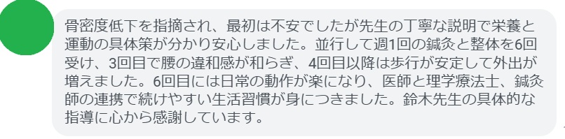 骨密度低下を指摘され、最初は不安でしたが先生の丁寧な説明で栄養と運動の具体策が分かり安心しました。並行して週1回の鍼灸と整体を6回受け、3回目で腰の違和感が和らぎ、4回目以降は歩行が安定して外出が増えました。6回目には日常の動作が楽になり、医師と理学療法士、鍼灸師の連携で続けやすい生活習慣が身につきました。鈴木先生の具体的な指導に心から感謝しています。