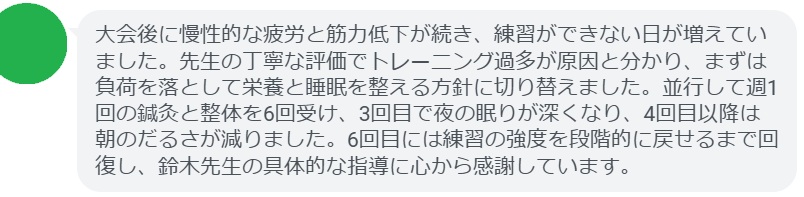 大会後に慢性的な疲労と筋力低下が続き、練習ができない日が増えていました。先生の丁寧な評価でトレーニング過多が原因と分かり、まずは負荷を落として栄養と睡眠を整える方針に切り替えました。並行して週1回の鍼灸と整体を6回受け、3回目で夜の眠りが深くなり、4回目以降は朝のだるさが減りました。6回目には練習の強度を段階的に戻せるまで回復し、鈴木先生の具体的な指導に心から感謝しています。