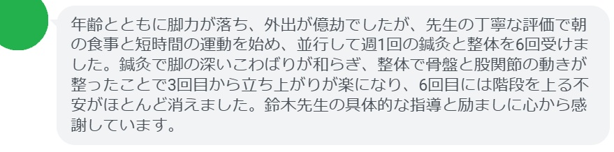 年齢とともに脚力が落ち、外出が億劫でしたが、先生の丁寧な評価で朝の食事と短時間の運動を始め、並行して週1回の鍼灸と整体を6回受けました。鍼灸で脚の深いこわばりが和らぎ、整体で骨盤と股関節の動きが整ったことで3回目から立ち上がりが楽になり、6回目には階段を上る不安がほとんど消えました。鈴木先生の具体的な指導と励ましに心から感謝しています。