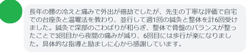 長年の腰の冷えと痛みで外出が億劫でしたが、先生の丁寧な評価で自宅での台座灸と温罨法を教わり、並行して週1回の鍼灸と整体を計6回受けました。鍼灸で深部のこわばりが和らぎ、整体で骨盤のバランスが整ったことで3回目から夜間の痛みが減り、6回目には歩行が楽になりました。具体的な指導と励ましに心から感謝しています。