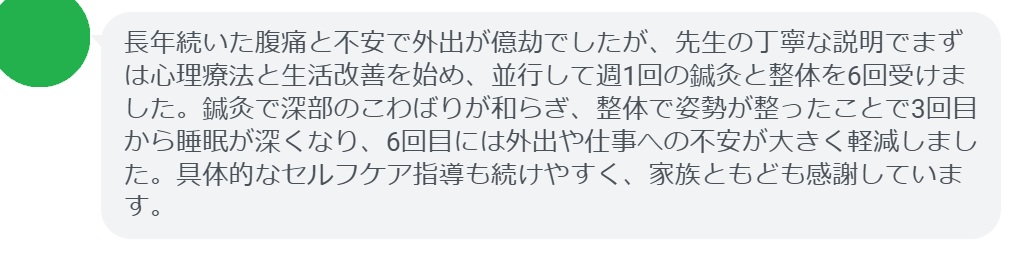 長年続いた腹痛と不安で外出が億劫でしたが、先生の丁寧な説明でまずは心理療法と生活改善を始め、並行して週1回の鍼灸と整体を6回受けました。鍼灸で深部のこわばりが和らぎ、整体で姿勢が整ったことで3回目から睡眠が深くなり、6回目には外出や仕事への不安が大きく軽減しました。具体的なセルフケア指導も続けやすく、家族ともども感謝しています。