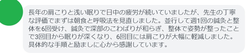 長年の肩こりと浅い眠りで日中の疲労が続いていましたが、先生の丁寧な評価でまずは朝食と呼吸法を見直しました。並行して週1回の鍼灸と整体を6回受け、鍼灸で深部のこわばりが和らぎ、整体で姿勢が整ったことで3回目から眠りが深くなり、6回目には肩こりが大幅に軽減しました。具体的な手順と励ましに心から感謝しています。