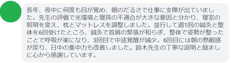 長年、夜中に何度も目が覚め、朝のだるさで仕事に支障が出ていました。先生の評価で光環境と寝具の不適合が大きな要因と分かり、寝室の照明を変え、枕とマットレスを調整しました。並行して週1回の鍼灸と整体を6回受けたところ、鍼灸で首肩の緊張が和らぎ、整体で姿勢が整ったことで呼吸が楽になり、3回目で中途覚醒が減少。6回目には朝の熟眠感が戻り、日中の集中力も改善しました。鈴木先生の丁寧な説明と励ましに心から感謝しています。