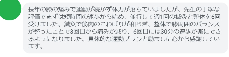 長年の膝の痛みで運動が続かず体力が落ちていましたが、先生の丁寧な評価でまずは短時間の速歩から始め、並行して週1回の鍼灸と整体を6回受けました。鍼灸で筋肉のこわばりが和らぎ、整体で膝周囲のバランスが整ったことで3回目から痛みが減り、6回目には30分の速歩が楽にできるようになりました。具体的な運動プランと励ましに心から感謝しています。