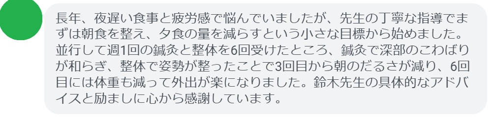 長年、夜遅い食事と疲労感で悩んでいましたが、先生の丁寧な指導でまずは朝食を整え、夕食の量を減らすという小さな目標から始めました。並行して週1回の鍼灸と整体を6回受けたところ、鍼灸で深部のこわばりが和らぎ、整体で姿勢が整ったことで3回目から朝のだるさが減り、6回目には体重も減って外出が楽になりました。鈴木先生の具体的なアドバイスと励ましに心から感謝しています。