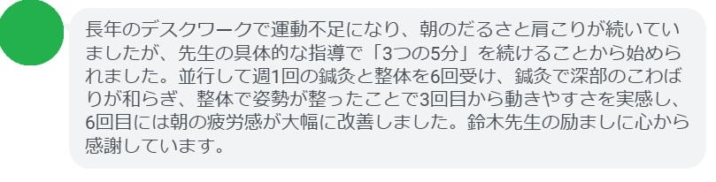 長年のデスクワークで運動不足になり、朝のだるさと肩こりが続いていましたが、先生の具体的な指導で「3つの5分」を続けることから始められました。並行して週1回の鍼灸と整体を6回受け、鍼灸で深部のこわばりが和らぎ、整体で姿勢が整ったことで3回目から動きやすさを実感し、6回目には朝の疲労感が大幅に改善しました。鈴木先生の励ましに心から感謝しています。